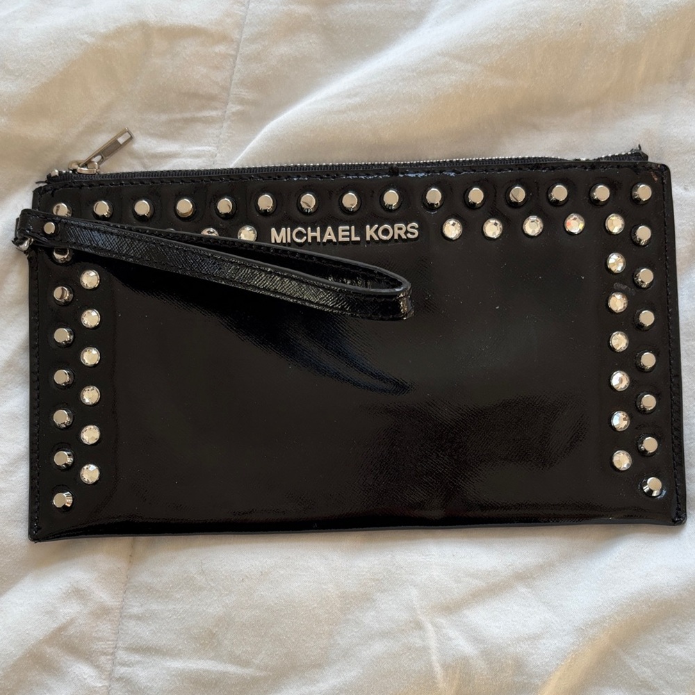 Michael Kors Black Patent Wristlet with Silver Accents